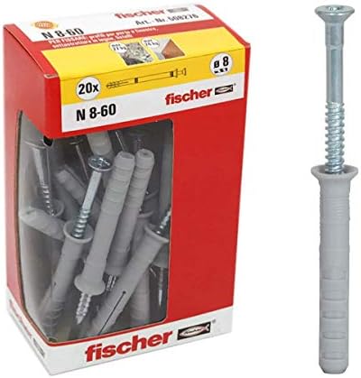 Fischer 508276 Cross-Country dowels N 8x60 Y Impact Fixing with pre-Assembled Nail for Solid, Half and Concrete, 20 Pieces per Pack, Gray, 8X60 MM