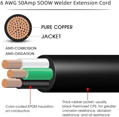 6/3 Welder Extension Cord 50 Amp SOOW Welding Extension Cord 250 Volt 6AWG