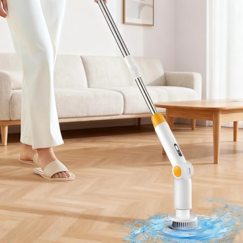 Electric Spin Scrubber 9-in-1, Cordless Power Scrubber for Bathroom and Kitchen with Adjustable Extension Handle, 1500 RPM Motor, IPX7 Waterproof Body, Digital Power Display, White and Orange