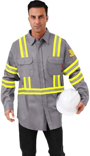 FR Shirts for Men 7oz High Visibility Fire Resistant Shirts CAT2 Welding Shirt 100% Cotton Hi Vis Flame Resistant Shirt Light Gray(4X-Large)