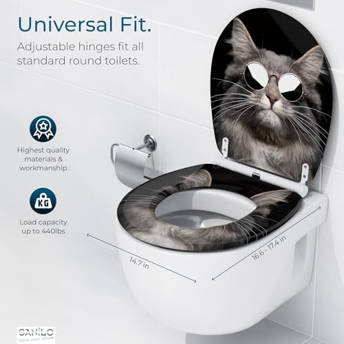 Sanilo Wooden Toilet Seat with Quick Release & Soft Close [ROUND] - Decorative & Slow Close Molded Wood Seat - With One Click for Easy Installation & Cleaning - With Adjustable Fit (Cool Cat)