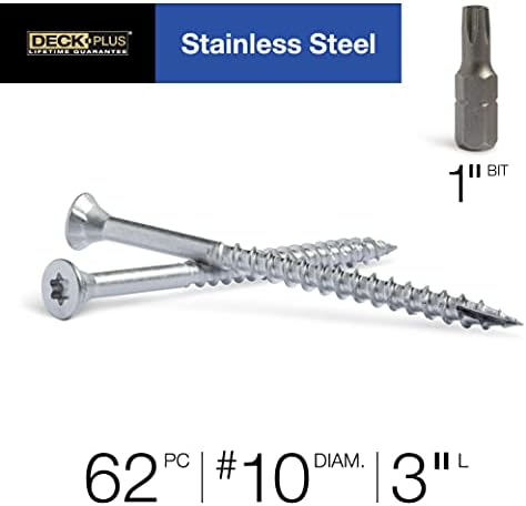 Deck Plus 3 Inch Epoxy Coated Exterior Wood and Fence Screws #10 x 3 Torx/Star Drive Included Coarse Thread, Outdoor Rust Resistant Decking Screw, Silver, 1lb Box, 62 Pieces | 48466