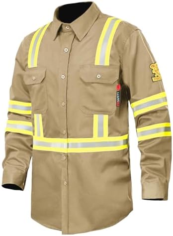 FR Shirts for Men 7oz High Visibility Fire Resistant Shirts CAT2 Welding Shirt 100% Cotton Hi Vis Flame Resistant Shirt Khaki(X-Large)