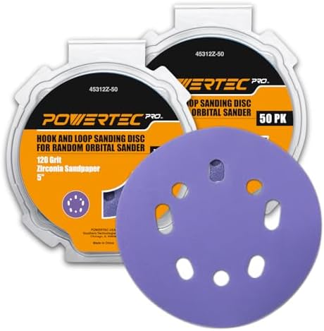 POWERTEC PRO 100PK, 5 Inch Sanding Discs Hook and Loop, 120 Grit, Zirconia Orbital Sander Sandpaper for 5 & 8 Hole Random Orbital Sanders - Automotive, Paint, Metal, Woodworking (45312Z-50-P2)