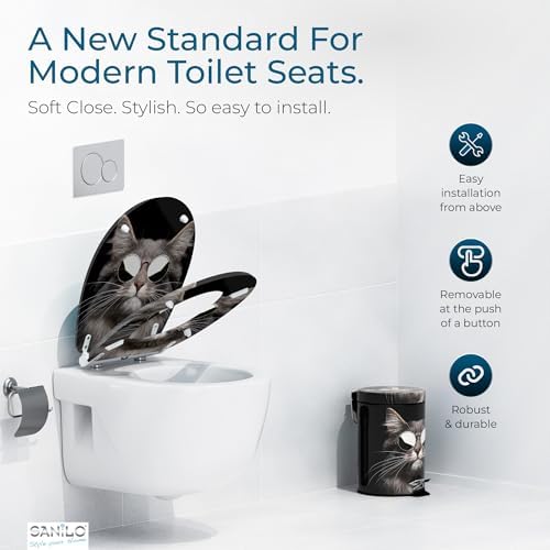 Sanilo Wooden Toilet Seat with Quick Release & Soft Close [ROUND] - Decorative & Slow Close Molded Wood Seat - With One Click for Easy Installation & Cleaning - With Adjustable Fit (Cool Cat)