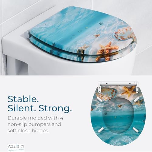 Sanilo Wooden Toilet Seat with Quick Release & Soft Close [ROUND] - Decorative & Slow Close Molded Wood Seat - With One Click for Easy Installation & Cleaning - With Adjustable Fit (Waterworld)