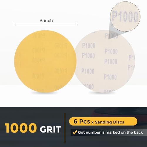HARFINGTON 6 Pcs 6 Inch Sanding Discs 1000 Grit Yellow Aluminum Oxide