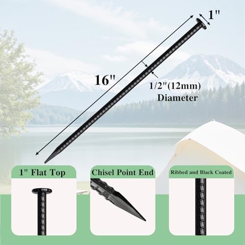 16 Inch Rebar Stakes 10 Pack Heavy Duty Ground Anchors 1/2 Inch Diameter Galvanized Steel Asphalt Anchoring Metal Spikes for Speed Bump, Parking Curb and Camping Tent