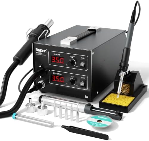 Bakon 852d+ Heat Gun And Soldering Iron 2-In-1 Kit, Smd Hot Air Rework Soldering Station, Multiple Functions Electronics Kit, Led Digital Display, Knob Type Adjustable Temperature