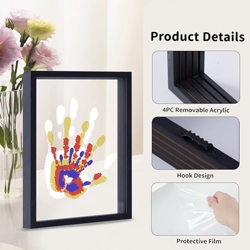 CHERRY CHEERS Family Handprint Kit, DIY Craft Keepsake Wooden Frame, Endless Gift Set, Non-Toxic Paints, Transparent Sheets (Black)
