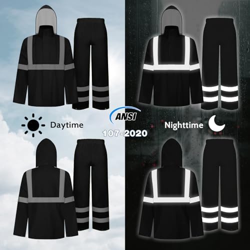 TCCFCCT High Visibility Rain Gear for Men Waterproof High Vis Rain Jacket and Pants, Class 3 Hi Vis Rain Coat for Men with Hood, Lightweight Rain Suits for Safety Work & Outdoors, 4XL-5XL Black WP