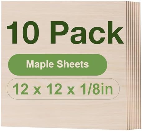 10 Pack Maple Plywood Sheets, 12 x 12 x 1/8 Inch, 3mm Plywood for Laser Cutting, Thin Unfinished Wood Sheets for Architectural Models, Wood Burning and DIY Wood Crafts