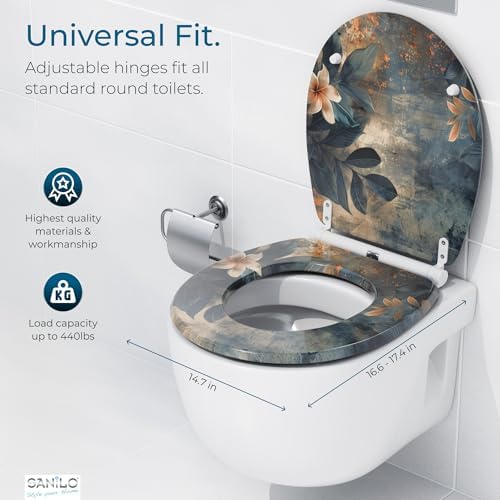 Sanilo Wooden Toilet Seat with Quick Release & Soft Close [ROUND] - Decorative & Slow Close Molded Wood Seat - With One Click for Easy Installation & Cleaning - With Adjustable Fit (Lilybud)