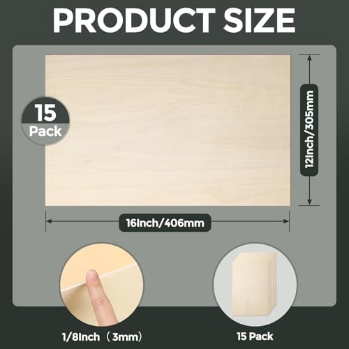 15 Pack Basswood Sheets, 12"x16"x1/8" Basswood for Laser Cutting