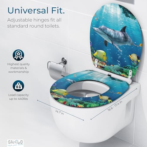 Sanilo Wooden Toilet Seat with Quick Release & Soft Close [ROUND] - Decorative & Slow Close Molded Wood Seat - With One Click for Easy Installation & Cleaning - With Adjustable Fit (Dolphin)