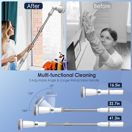 Marchpower Electric Spin Scrubber, Power Shower Scrubber Cordless Cleaning Brush 6 Replaceable Brush Heads, 2 Speeds, Adjustable Detachable Handle, IPX7 Waterproof Bathroom Scrubber Tub Tile Floor