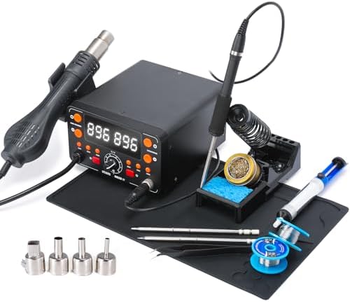 902D IV T12 Hot Air Soldering Station 2-IN-1 Kit with Extra Large Display, Small Silicone Work Mat, 2 Soldering Tips, 2 Lead-free Solder, Solder Sucker, ESD-Safe Tweezers