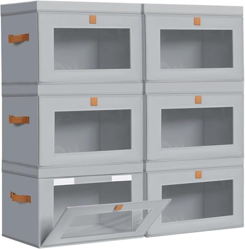 DIMJ Storage Bins with Lids - 6 Pack Large Fabric Closet Organizer with Window & Handles, Collapsible Decorative Storage Boxes for Shelves Under Bed, Books Clothes Blankets Sweaters Organization