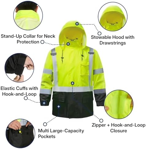 NORTHSKY Hi Vis Rain Jacket and Pants, Class 3 High Visibility Reflective Waterproof Rain Suit, Safety Work Rain Gear with Hood for Men Women (Small-Medium)