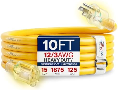 10ft Outdoor/Indoor Extension Cord 12/3 Gauge Extra Heavy Duty 3 Prong SJTW, Waterproof, Flexible Cold-Resistant Long Power Cord,15A 125V 1875W, Yellow by LifeSupplyUSA