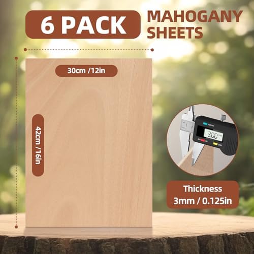 Rowood 6 Pack Mahogany Plywood Sheets 1/8,12x16x1/8inch,3mm Thin Unfinished Craft Wood for Laser Cutting Blanks,DIY Adult Project Kits for DIY Ornaments,Architectural Model