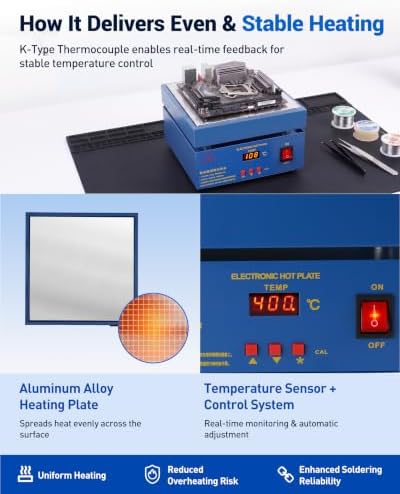 Soldering Hot Plate, PCB Preheater Rework Station with Digital Temperature Control, 200×200mm Heating Area for Multi-Point Heating, Electronics Repair, SMD Soldering, PCB Rework DIY 220V 850W