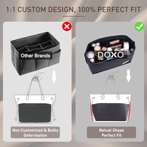 Doxo Purse Organizer Insert for Handbags & Base Shaper 2pc Set, Felt Neverfull GM Organizer Insert, Tote Bag Organizer with Zipper Pocket and Bottle Holder, Fit Neverfull GM and More, Black-XL