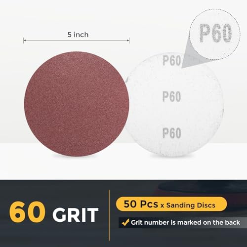 HARFINGTON 50 Pcs 5 Inch Sanding Discs 60 Grit Red Aluminum Oxide