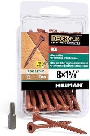 Deck Plus 1-5/8 Inch Epoxy Coated Exterior Wood and Fence Screws #8 x 1-5/8" Torx/Star Drive Included Coarse Thread, Outdoor Rust Resistant Decking Screw, Red, 75 Pieces | 42597