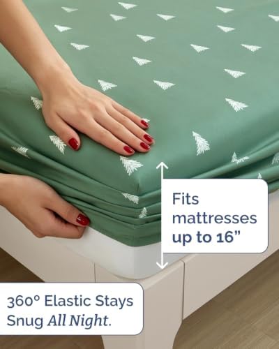 Christmas Sheet Set, Sage Pine Trees, Holiday Xmas Bedding Set - King Size