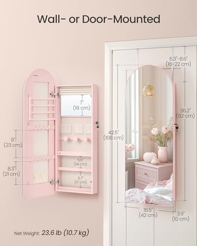 SONGMICS Wide Jewelry Organizer, Wall/Door Mounted, LED Cabinet, Lockable