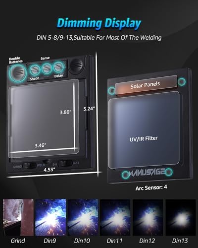 MANUSAGE Panoramic View Welding Helmet Auto Darkening, Welding Hood with 4 Arc Sensor Solar Power, True Color Shade 5-8 and 9-13 Idear for TIG MIG ARC, Adjustable Delay and Sense (E980S Decor)