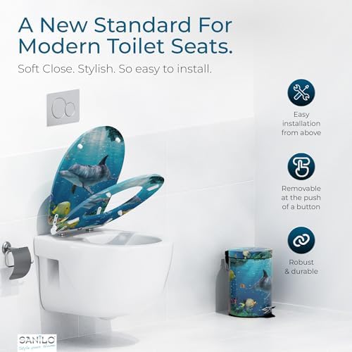 Sanilo Wooden Toilet Seat with Quick Release & Soft Close [ROUND] - Decorative & Slow Close Molded Wood Seat - With One Click for Easy Installation & Cleaning - With Adjustable Fit (Dolphin)