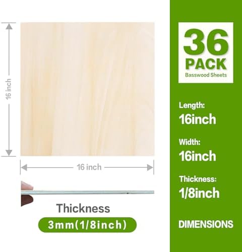 36 Pack Basswood Sheets 16"x16"x1/8", 3mm Basswood for Laser Cutting, Thin Plywood Board Unfinished Wood for Crafts, DIY Architectural Models Making, Wood Engraving, (36Packs-16inchx16inch)