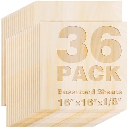 36 Pack Basswood Sheets 16"x16"x1/8", 3mm Basswood for Laser Cutting, Thin Plywood Board Unfinished Wood for Crafts, DIY Architectural Models Making, Wood Engraving, (36Packs-16inchx16inch)