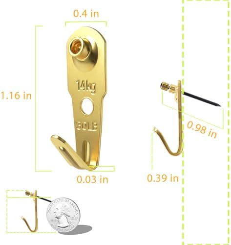 Picture Hangers, Extra Thick, 30 lb, for Decorative Drywall & Plaster Walls - Small Nails for Painting, Frame Hooks to Hang for Hanging, 40 pcs, Gold