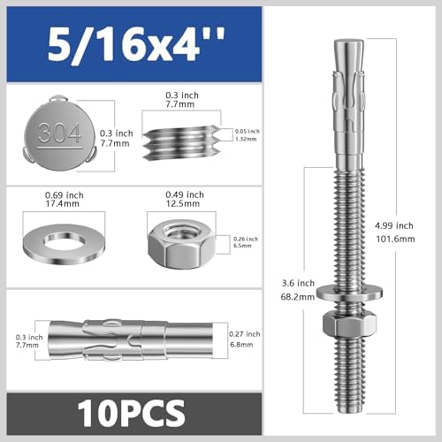 Wensilon 10Pcs 5/16x4 Inch Standard Fasteners for Heavy-Duty 304 Stainless Steel Wedge Anchors for Cement and Concrete