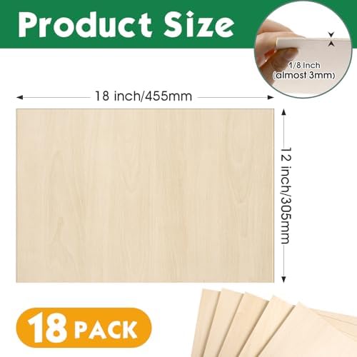 18 Pack Basswood Sheets12x18x1/8 Inch, Unfinished Wood for Crafts, 3mm Basswood for Laser Cutting & Engraving, Wood Burining,Architectural Models, Wood Board for Painting.