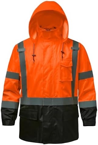 Reflective Rain jackets for men waterproof,Hi Vis Safety Coat With Reflective Strips，High Visibility Class 3 Rain jackets With 2 large pockets，Zipper,Black Bottom Orange,SM/MD