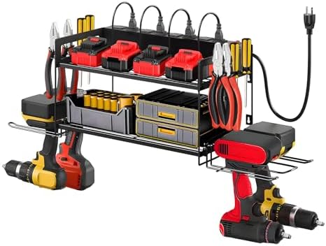 Power Tool Organizer Wall Mount, 2 Layers Heavy Duty 4 Cordless Drill Holder Tool Storage Rack with 8 Power Strip Battery Charging Station,Pliers Screwdrivers Organizer for Garage, Workshop,Tool Room