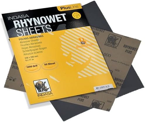 Indasa 50 PCS 9x11” Rhynowet Wet & Dry Sandpaper Sheets,1200 GRIT, Clog-Resistant Abrasive for Wood, Metal, Auto, Paint & Clear Coat Finishing, Sand Paper, Silicon Carbide, Plusline