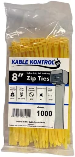 Kable Kontrol Cable Zip Ties, 8 Inch, 1000 Pcs, 50lbs Test, Yellow | Nylon Plastic, Self Locking, UL Listed, Indoor Use