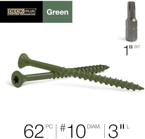 Deck Plus 3 Inch Epoxy Coated Exterior Wood and Fence Screws #10 x 3 Torx/Star Drive Included Coarse Thread, Outdoor Rust Resistant Decking Screw, Green, 1lb Box, 62 Pieces | 48404