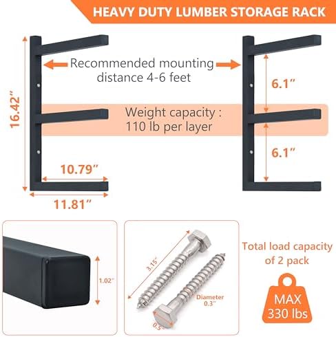 Lumber Rack Wood Storage Racks with 3 Level, Garage Wood Organizer Lumber Storage Rack, Workshop Organizers and Storage Wood Wall Shelving Wall Mounted, Lumber Metal Racks for Indoor (Black-6 Pack)