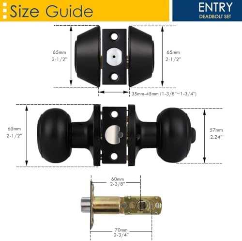 2 Pack Keyed Alike Entry Door Knobs and Double Cylinder Deadbolt Lock Combo Set, Matte Black Finished Door Lock Set, Round Style Door Knobs Deadbolt