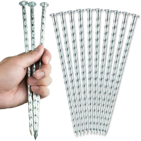 10-Inch Heavy-Duty Landscape Stakes, Galvanized Metal Spiral Ground Anchoring Spikes for Paver Edging, Artificial Turf, Weed Barrier Fabric and More (60 Pack)