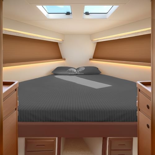 JS Sanders XL V Berth Boat Sheet 3 Pcs 600 TC Egyptian Cotton,Dark Grey Stripe