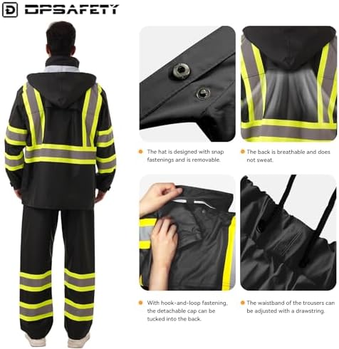 Hi Vis Safety rain Jacket，Reflective Class 3 Rain coat with Inner Mesh Lining and Pockets High Visibility Waterproof work Rain Suits for men&women（Black,LG/XL）