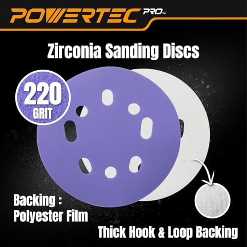 POWERTEC PRO 100PK, 5 Inch Sanding Discs Hook and Loop, 220 Grit, Zirconia Orbital Sander Sandpaper for 5 & 8 Hole Random Orbital Sanders - Automotive, Paint, Metal, Woodworking (45322Z-50-P2)