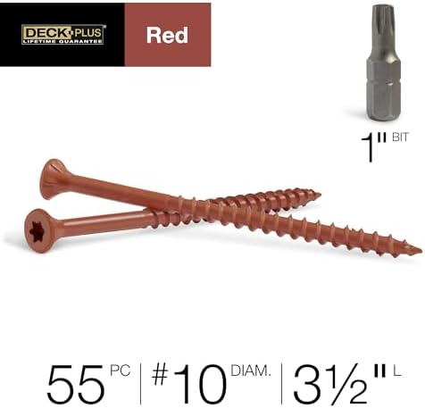 Deck Plus 3-1/2 Inch Epoxy Coated Exterior Wood and Fence Screws #10 x 3-1/2" Torx/Star Drive Included Coarse Thread, Outdoor Rust Resistant Decking Screw, Red, 1lb Box, 55 Pieces | 48435
